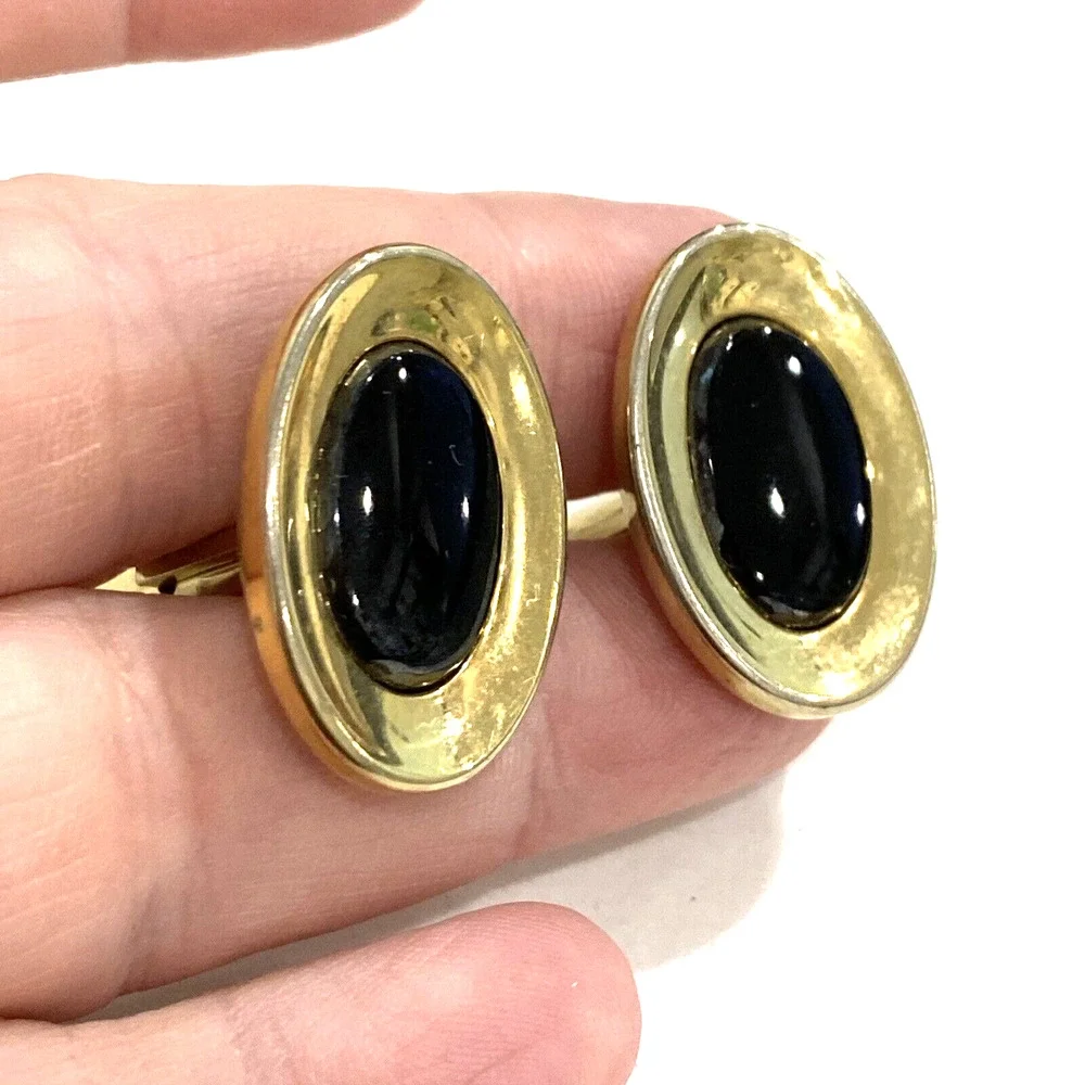Vintage mens jewelry cufflinks goldtone concave oval retro black polished stone